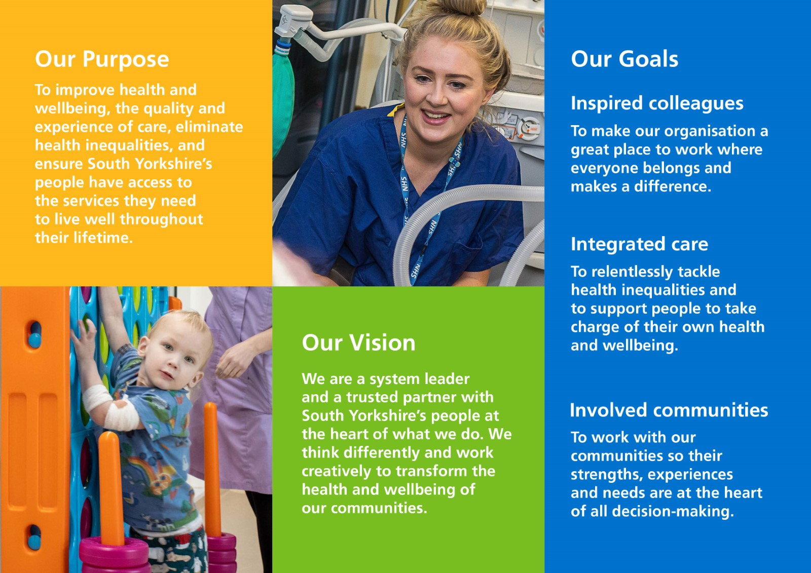 Our purpose is to improve health and wellbeing, the quality and experience of care, eliminate health inequalities and ensure South Yorkshire's people have access to the services they need to live well throughout their lifetime. 